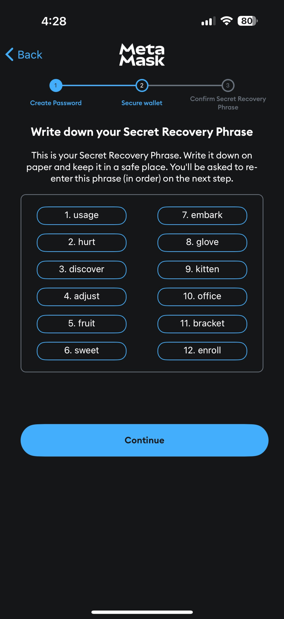 MetaMask Recovery Phrase example (not a real wallet)
