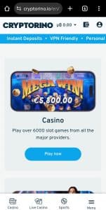 Screenshot of the Cryptorino casino homepage.