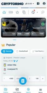 Screenshot of the Cryptorino sportsbook.