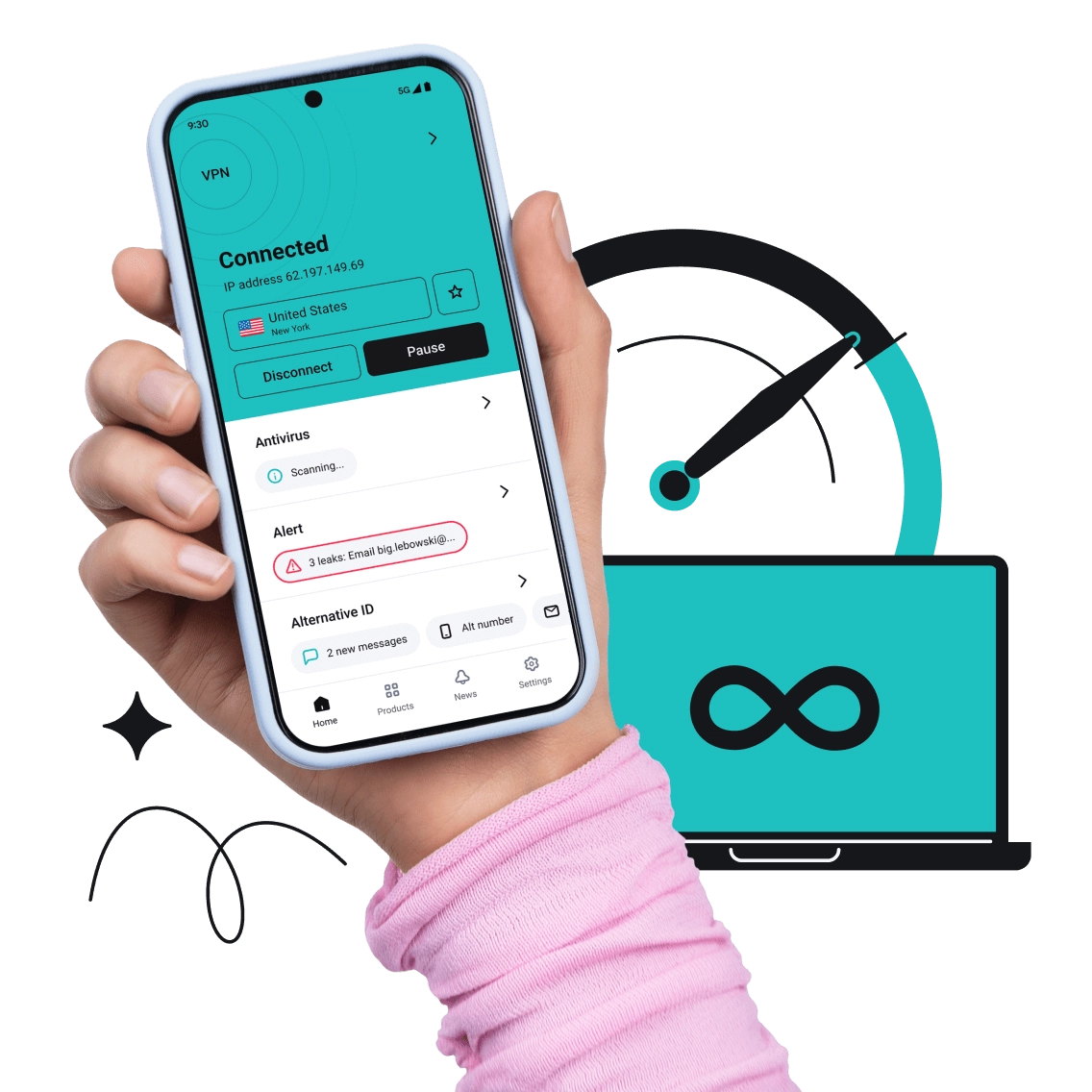 A hand holding a smartphone with an opened Surfshark app and a laptop in the background.