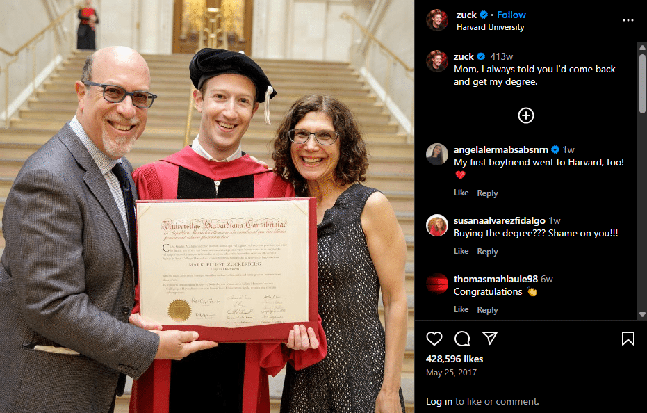 Mark Zuckerberg graduation image from instagram